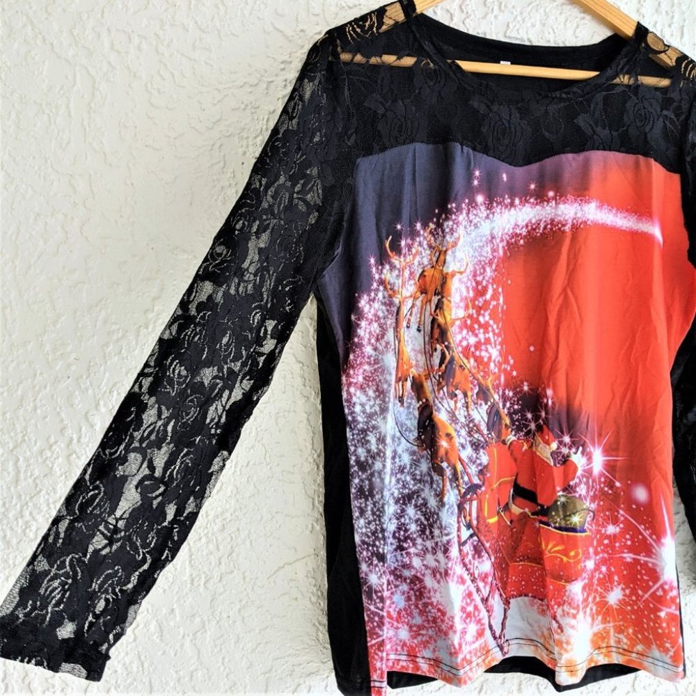 Lacy Christmas Top With Santa (NWT)